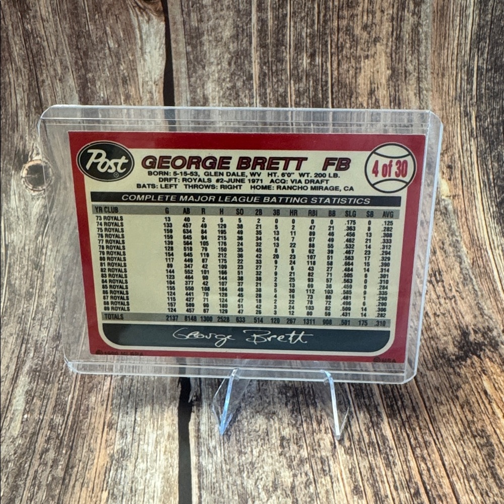 VTG 1990 Post George Brett 4 of 30 Baseball Trading Card Item #ME199 - Picture 2 of 2